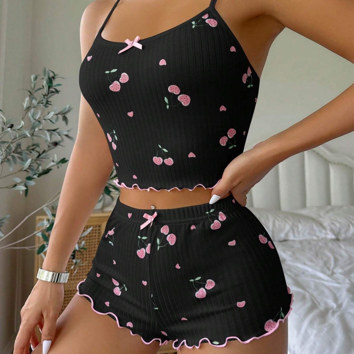 Cross-Border New Cherry Print Bow Camisole Shorts Home Wear Comfortable Solid Color Ribbed Stretch Slim Fit