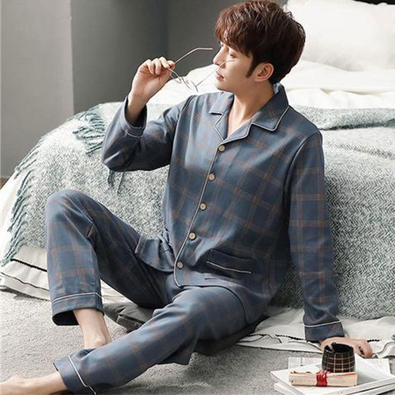 Long-Sleeved Pajamas for Men Spring and Autumn New Imitation Cotton High-End Plaid Suit Plus Size Casual Can Be Worn Outside Home Clothes