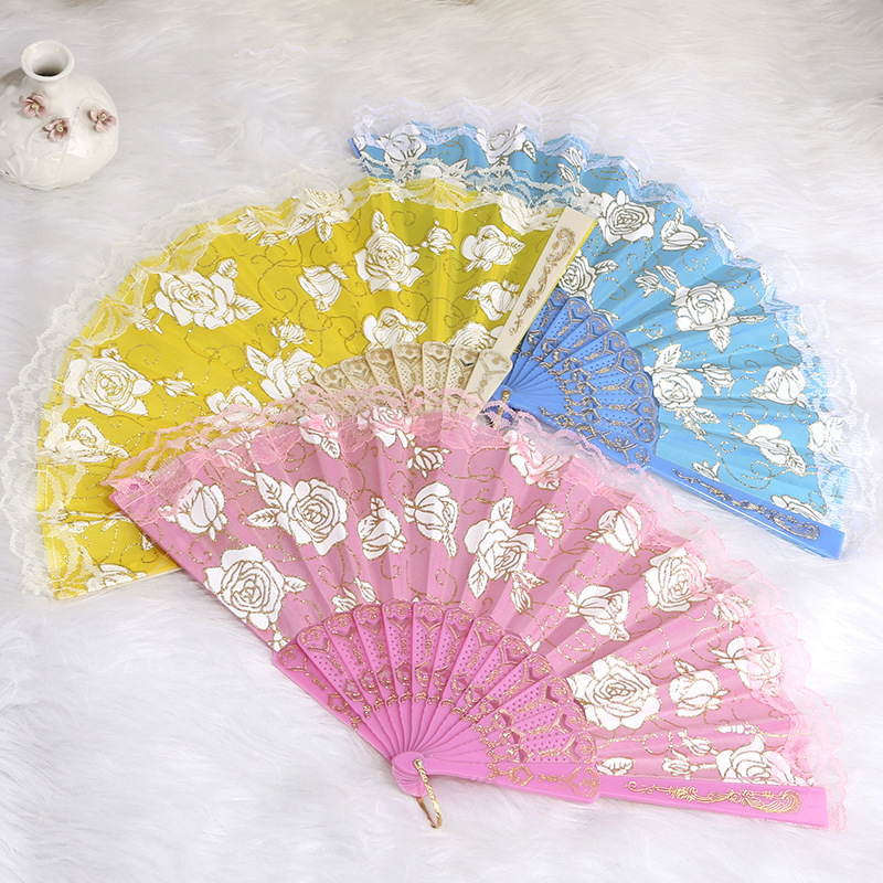 Factory white rose lace fan plastic folding fan wedding decoration fan Chinese style dance fan lace fan