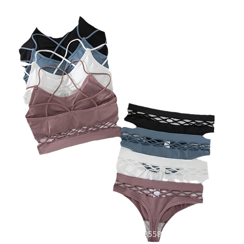 Cross-border European and American French Sexy Bra suit Hollow Underwear Women's Briefs Cross Sling Small Vest Amazon