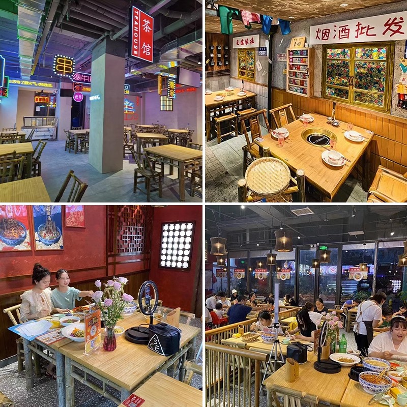 Bamboo Hot Pot Table and Chair Set for Restaurant, Eight Immortals Table, Square Table, Hot Pot Restaurant Commercial Dining Table and Chairs, Tea Brewing Table Around the Stove