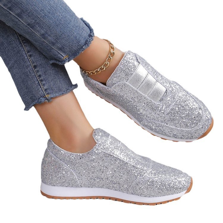 European and American Foreign Trade plus size 2025 New Sequin Cloth Shoes Sports Leisure Women's Shoes Shallow Mouth Flat Round Head Cross-border Hair