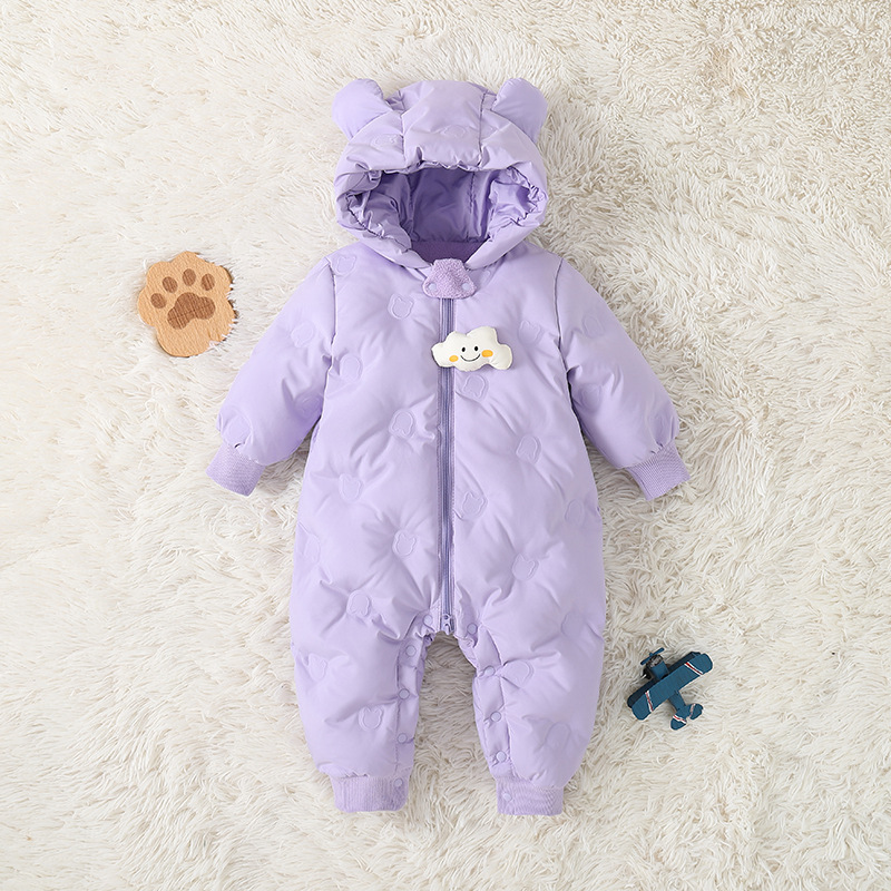 Off-Season White Duck down Jacket with Hood, Warm One-Piece Winter Outdoor Outfit, Newborn Crawling Suit, Romper