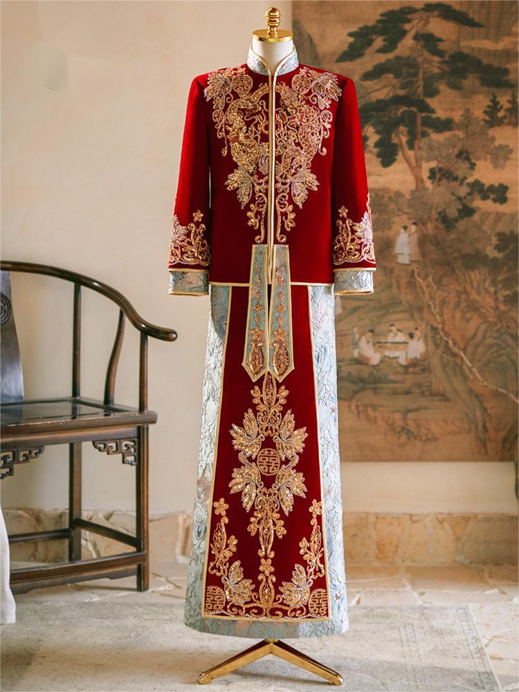 Men's Traditional Chinese Wedding Attire Groom Outfit 2024 Summer Dragon and Phoenix Gown Tang Suit Wedding Dress National Trend Style
