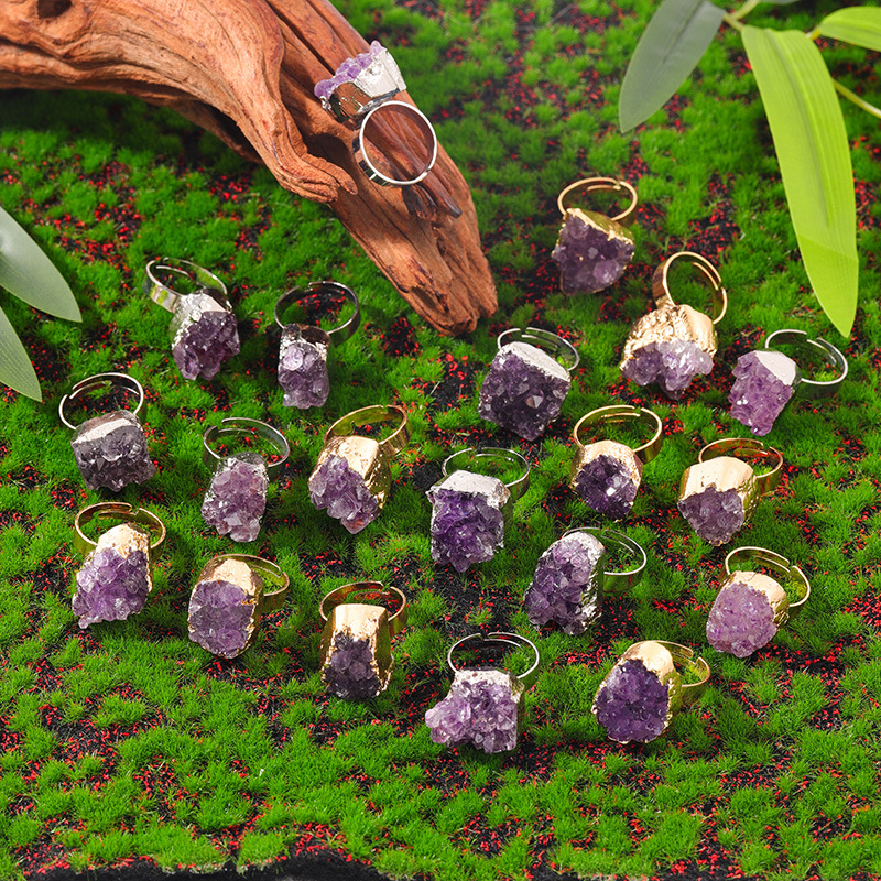 Natural Amethyst Cluster Electroplated Phnom Penh Opening Ring Fashion Temperament Irregular Crystal Original Stone Ring Cross Border