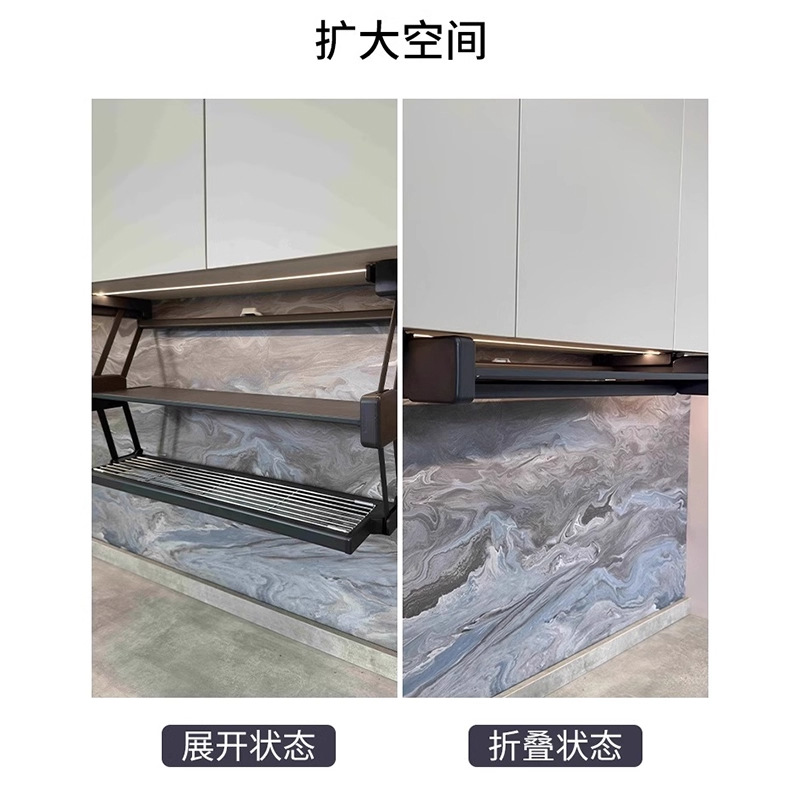 Kitchen Hanging Cabinet Folding Storage Rack Pull-Down Lift Telescopic Storage Basket for Food Preparation, Seasoning, Dishes, and Storage