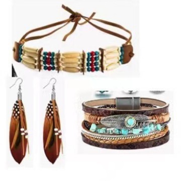 Amazon New Indian Feather Bracelet Feather Earrings Wooden Beads Collar Set cos Clothing Accessories Accessories