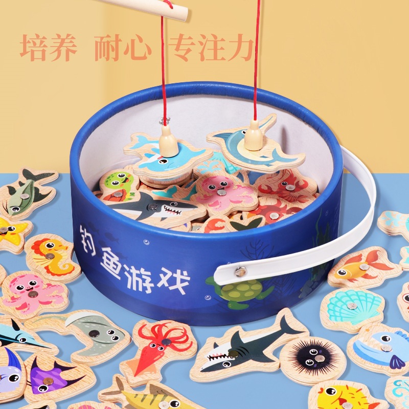 Magnetic Barrel Ocean Fishing Plate Undersea Wooden Small Toys Kidsren's Early Education Educational Fun Magnetic Building Blocks Set