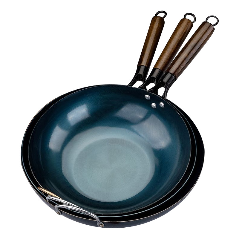 E-commerce Live Explosions Household Uncoated Flat-bottom Wooden-bottom Wooden-handle Iron Wok Wok Non-stick Wok Wok