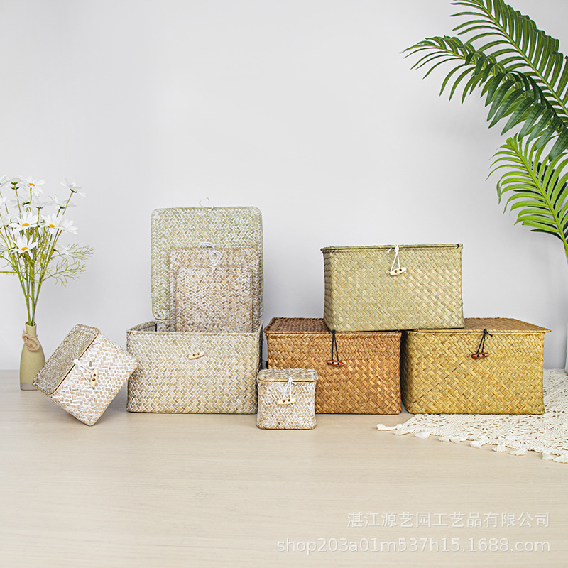 Seaweed Woven Storage Basket Handmade Accompanying Gift Home Decorations with Lid Square Desktop Sundry Snack Storage Box