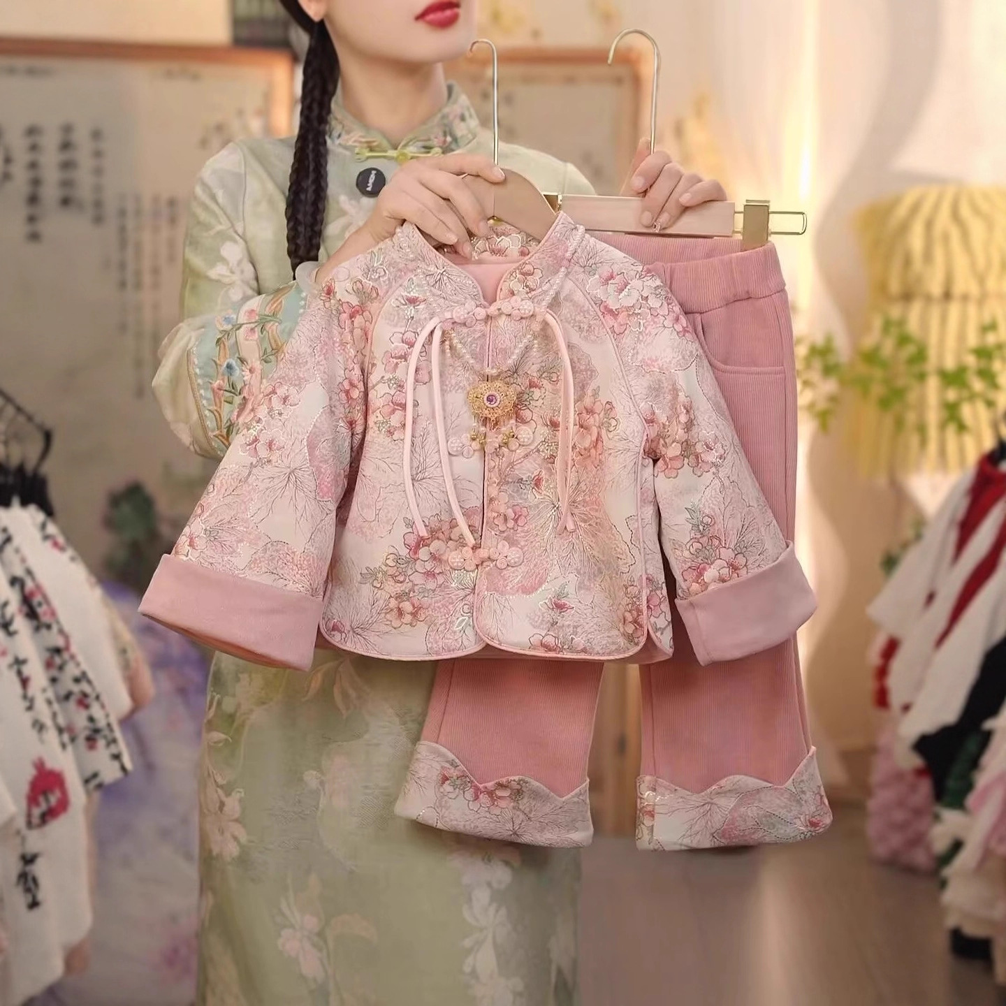 Новый традиционный костюм для детей, комплект с флисовой подкладкой в китайском стиле, новогодний наряд, Ханьфу для девочек, новый китайский стиль, костюм Тан, осень и зима