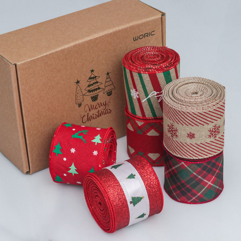 Прямые продажи фабрики трансграничная 6см проволочная кромка имитация льняной ленты упаковка подарочной коробки фон стенки рождественская елка подвесной верхний декоративный бант