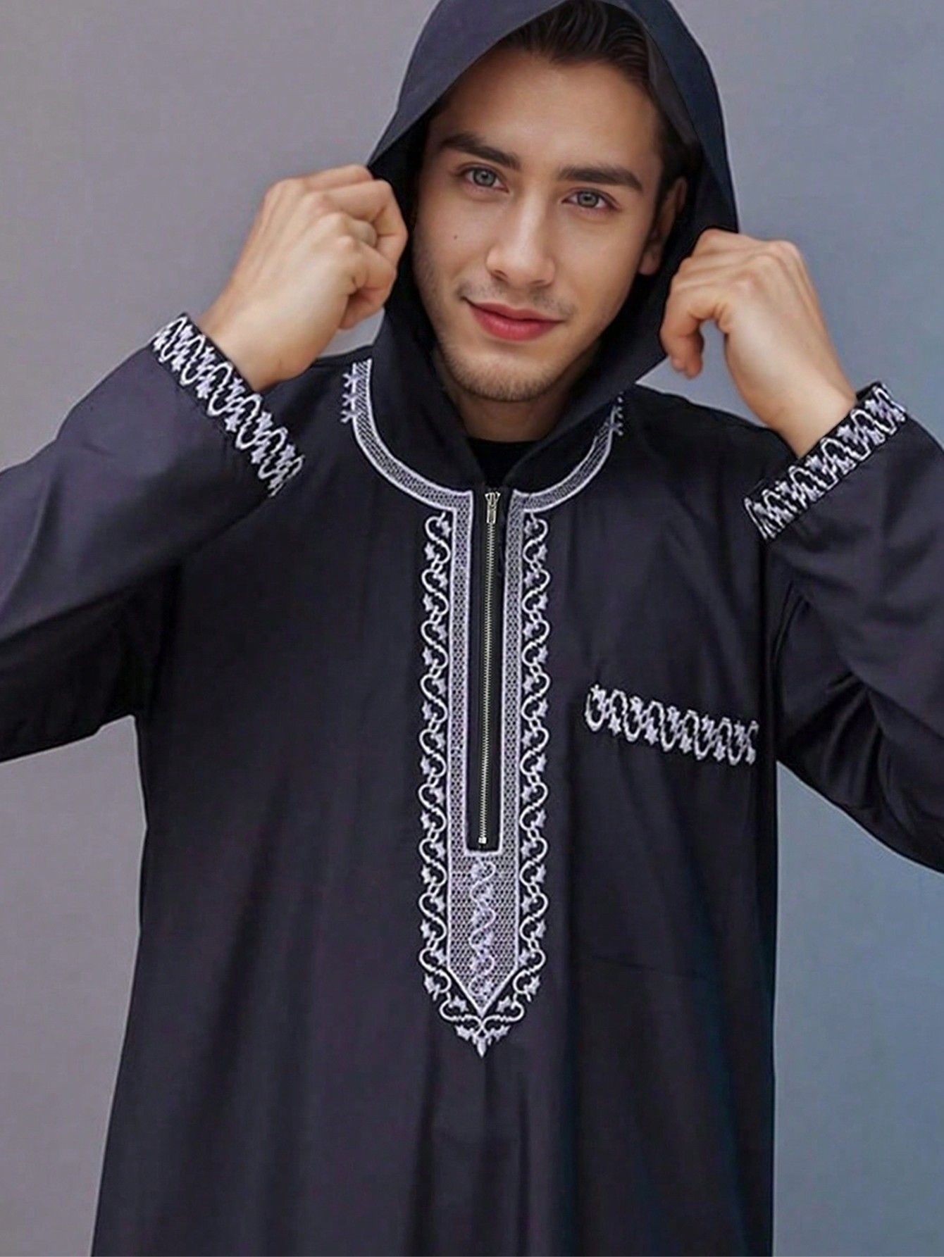 New Men's Loose Hooded Robe Luxury Men's Embroidered Long Sleeve Muslim Clothing Robe Middle East Juba Sobi