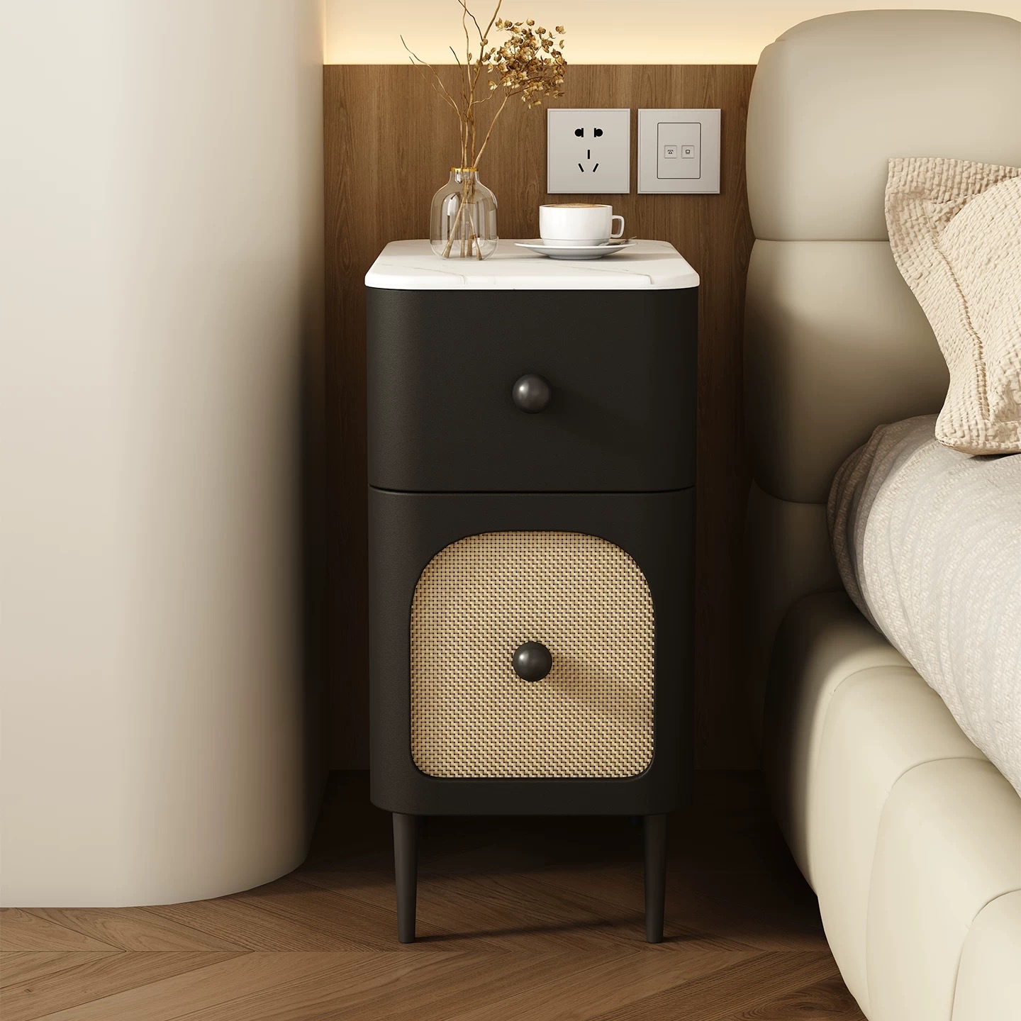 Тумбочка из массива дерева для спальни, мини, маленькая, в стиле середины века, узкий боковой шкаф с беспроводной зарядкой, ультраузкий шкаф для хранения