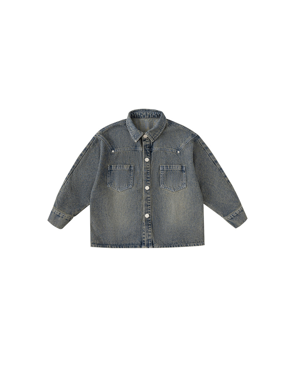 Boys' Denim Top for Older Children, Spring and Autumn Style with Rivets, Vintage Look, Long-Sleeve Shirt for Boys