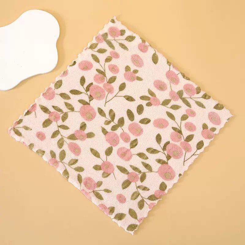 Purple Pink Floral Non-Stick Kitchen Rag Thickeneded and Absorbent Household Decontamination Dishwashing Cloth Hand Towel
