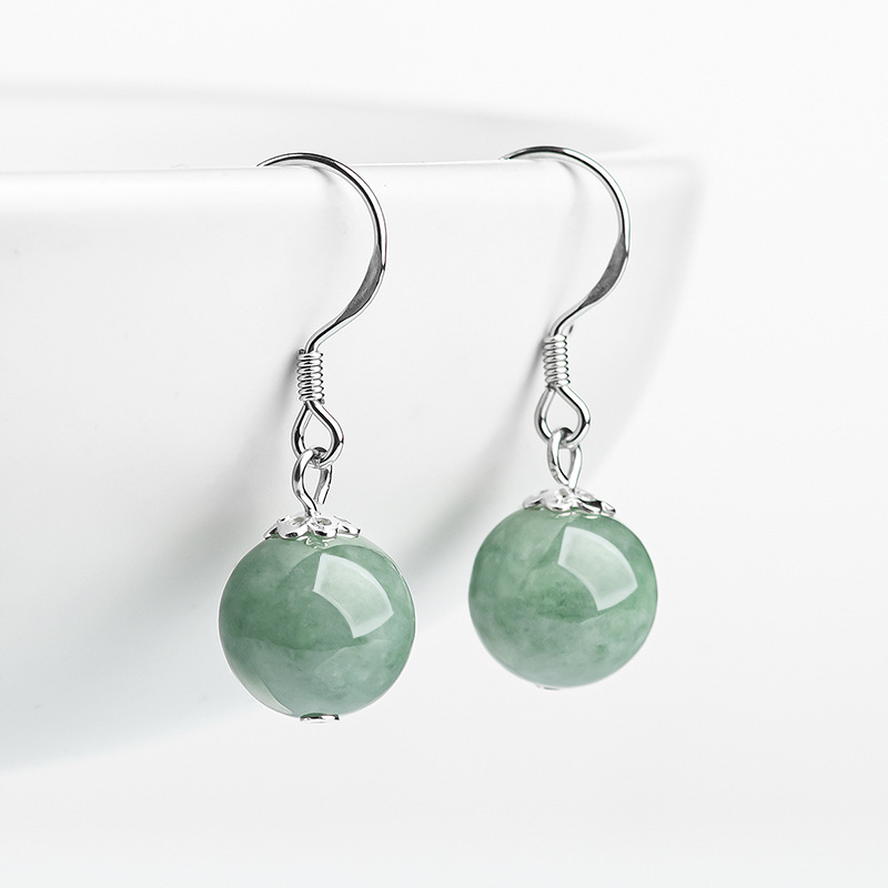Natural A-Grade Jadeite Bean Green Round Bead Earrings S925 Silver Inlaid Jade Fashion Women's Earrings Ethnic Style