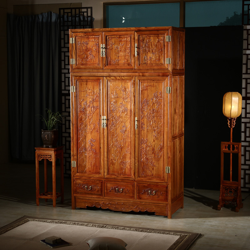 Chinese Carved Bedroom Large Wardrobe Solid Wood Top Box Cabinet Combination Furniture 4-Door Fully Assembled Double-Layer Cabinet Storage Cabinet Antique