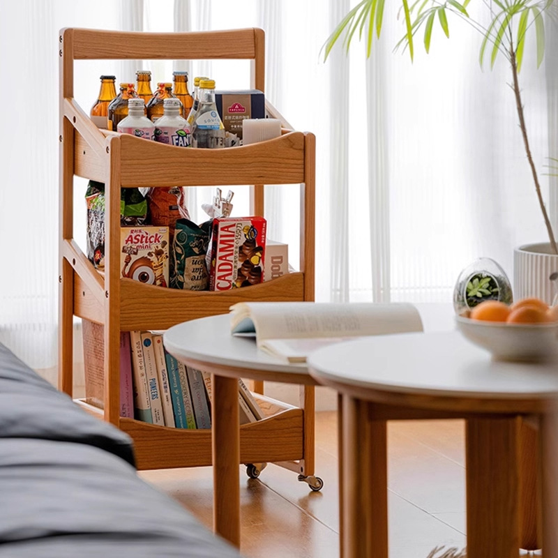 Guoguo Storage Rack Solid Wood Trolley Living Room Fruit Snack Display Rack with Wheels Removable Multi-Grid Display Rack