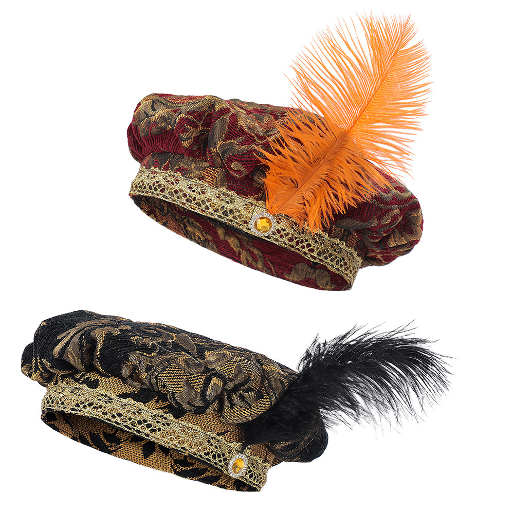 Men's Medieval Tudor Hat with Feathers, Muffin Top Hat, European Court Hat, Flat Hat, Cos Costume Performance Headwear