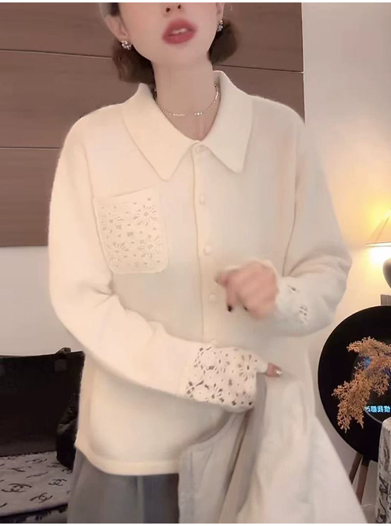Lapel Sweater Women's Autumn and Winter Lazy Style Soft and Waxy Loose Slimming Look Age-Reducing Lace Crochet Knitted Cardigan Top