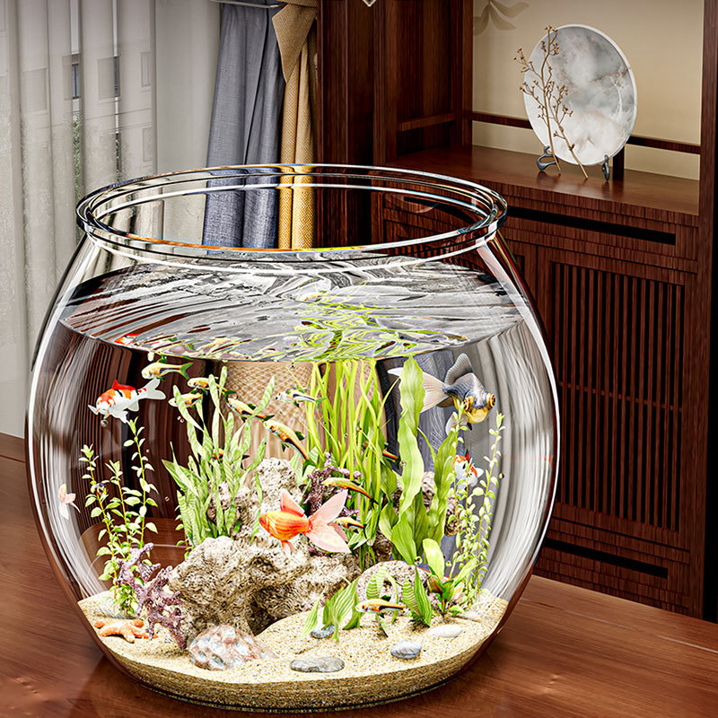 Round Fish Tank, Plastic One-Piece Design, Anti-Fall, Durable, High Transparency, Imitation Glass, Small Desktop Ecological Tank for Living Room