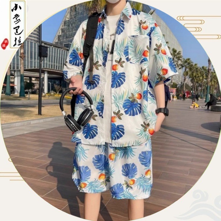 Летний пляжный комплект для мальчиков и девочек Новый гавайский стиль Островной комплект Стильная рубашка и шорты Трендовый