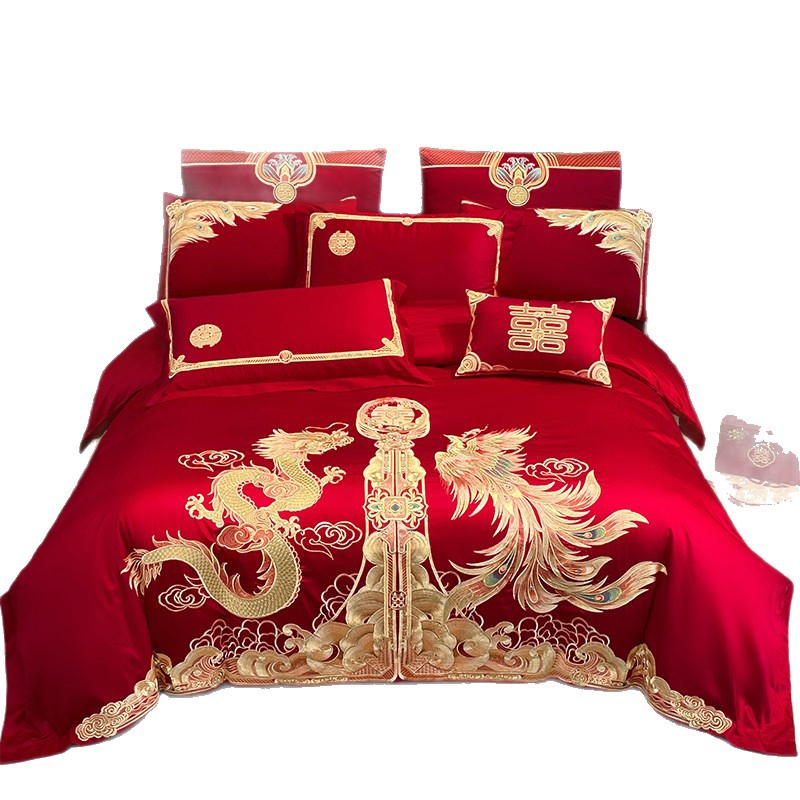 Light Luxury Big Red Wedding Four-Piece Set of Pure Cotton Bedding Dragon and Phoenix Embroidered Bed Sheetss and Quilt Covers Wedding Bedding