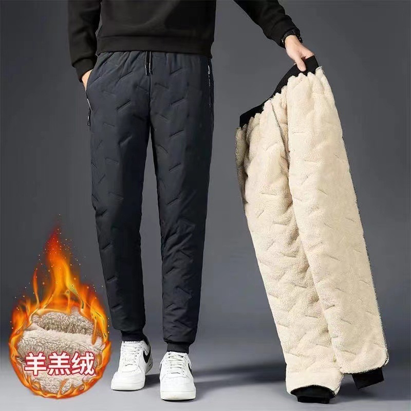 Thickened Lamb Fleece Sweatpants Men's Winter Outdoor Wear Cold-proof Warm Fleece-lined Pants plus size Fashionable Waterproof Down Cotton Pants