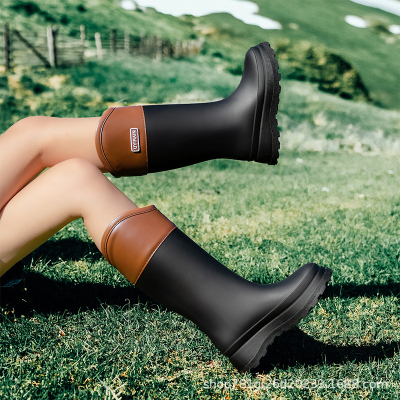 Cross-Border Fashion High-Top Rain Boots for Women, Japanese and Korean Style Outer Wear, Versatile Water Shoes, Non-Slip Kitchen Rubber Shoes, Waterproof Car Wash Shoes