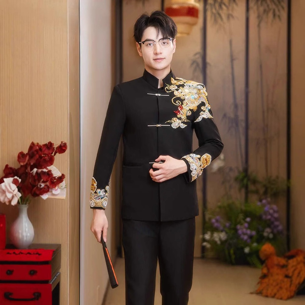 Новый китайский стиль свадебного платья, черное платье Чжуншань для жениха, высококачественное свадебное платье