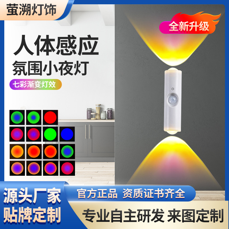 Оптовая продажа умной лампы с датчиком человеческого тела, цветная перезаряжаемая настенная лампа, ночник в виде холма, двойной глаз кота, атмосферный свет