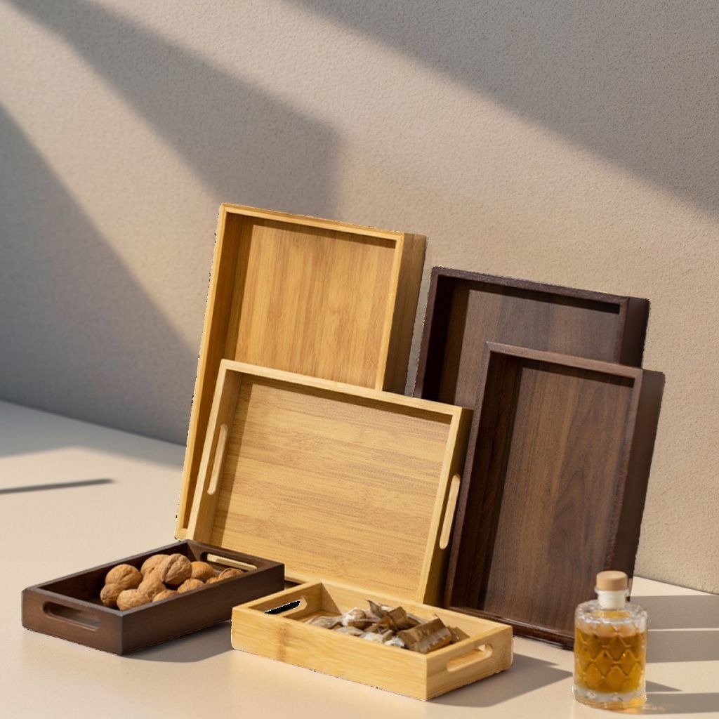 Bamboo Tray Walnut Grain Handle Tray Household Tea Tray Hotel Tea Tray Rectangular Storage Tray Factory Wholesale