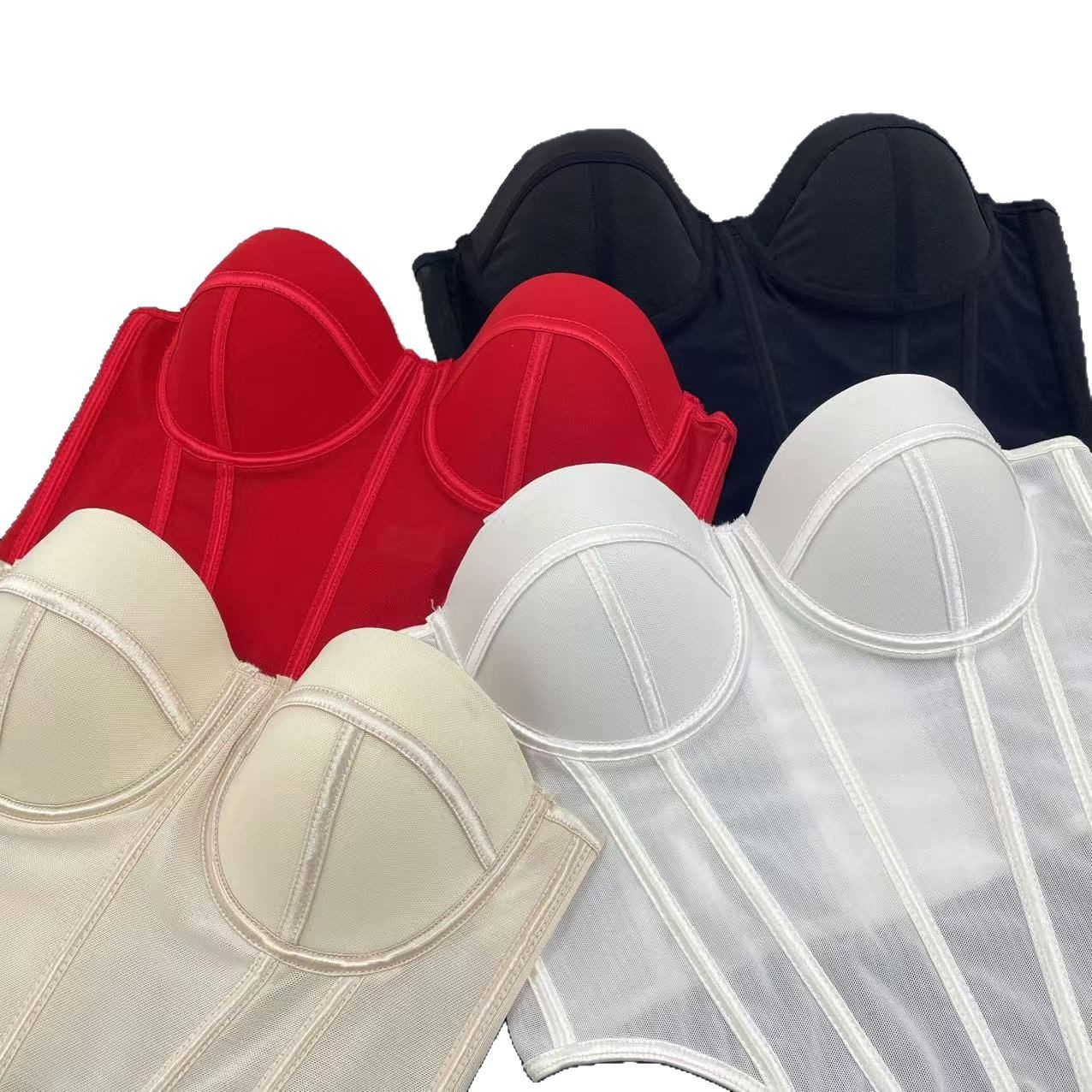 French-Style Irregular Shapewear Bra with Straps, Mesh Lace Outerwear, Fishbone Corset, Can Be Worn with Breast Pads, and Is Tight-Fitting