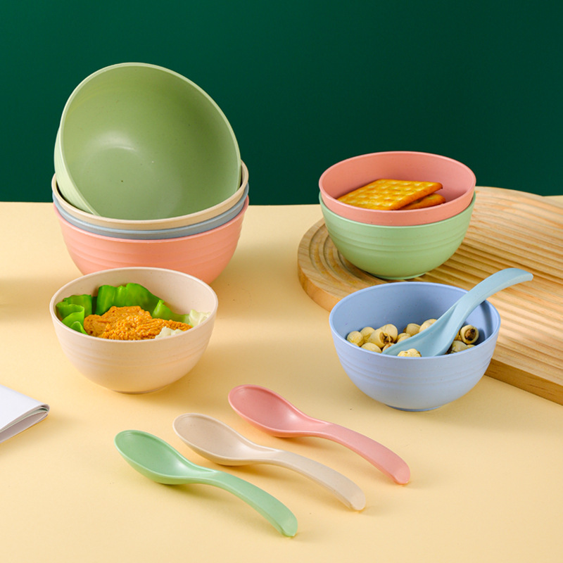 Square Bowl Wheat Straw Round Bowl Anti-Fall Plastic Bowl Rice Bowl Large Soup Bowl Salad Noodle Bowl Square Rice Bowl