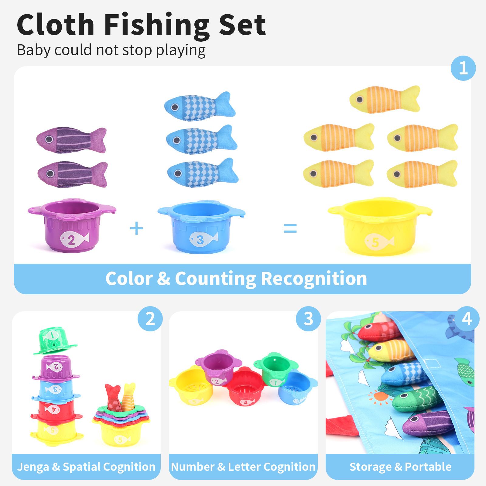 Cross-border Baby Fishing Toy Three-dimensional Fabric Crawling Early Education Enlightenment Cognition Digital Folding Carpet Classification Toy