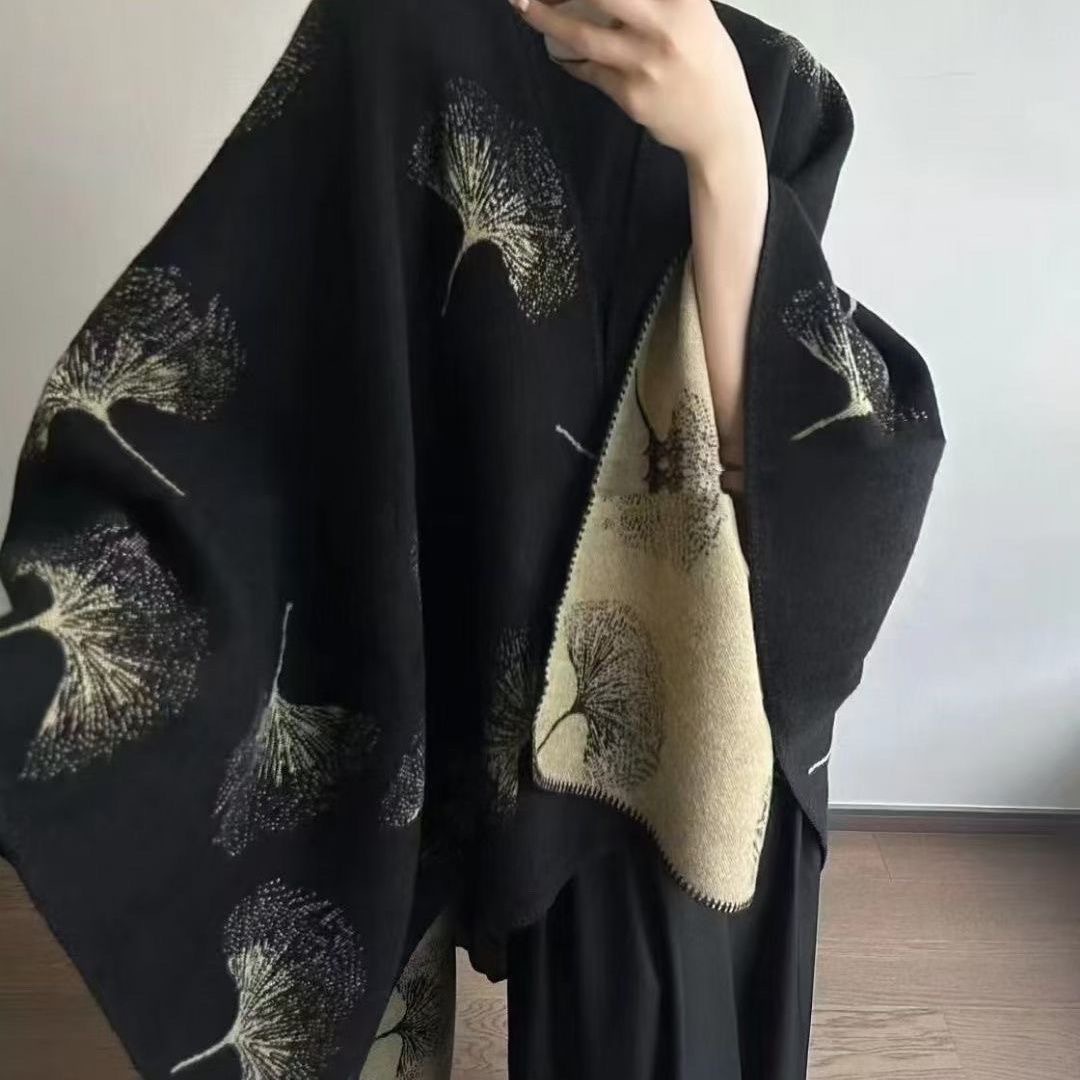 Apricot Leaf Travel Shawl for Women, High-End Cape, Artistic Slit Oil Painting Cape, Double-Sided Shawl for Warmth