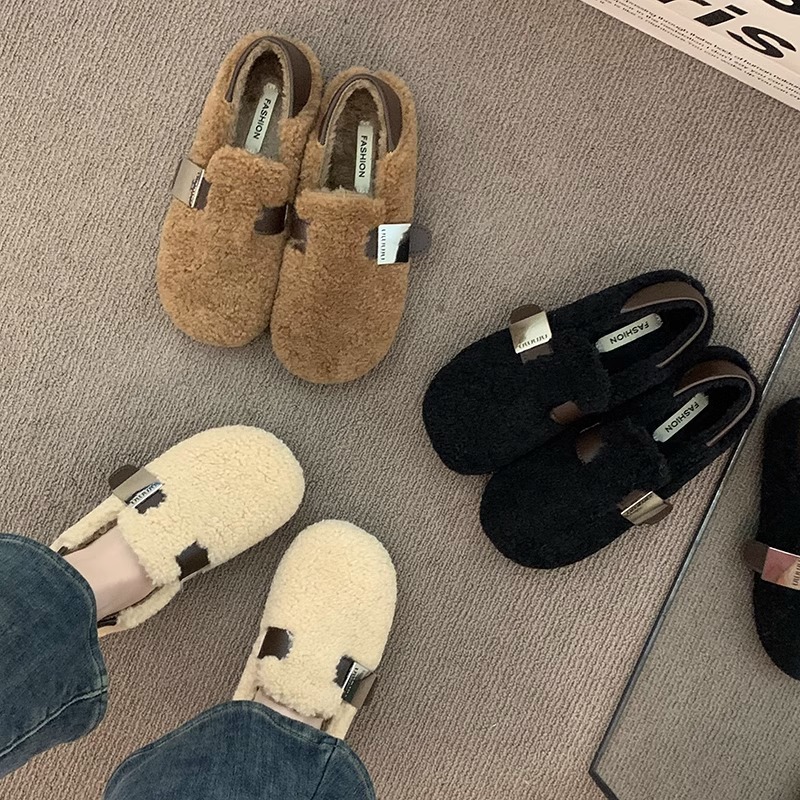Furry Shoes for Women, New Autumn and Winter Style, Dual-Wear, Fleece-Lined Loafers, Mary Jane Shoes, Soft and Fluffy Cotton Shoes