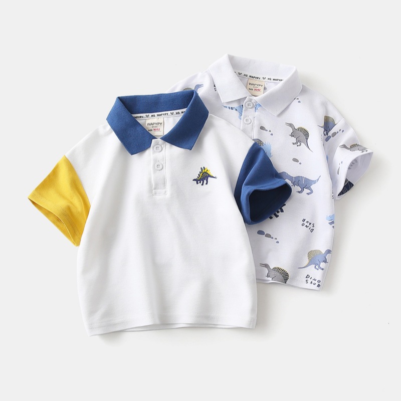 Детская футболка с коротким рукавом 2026 новый летний стиль детская футболка с воротником для мальчиков с динозаврами модная однотонная оптом
