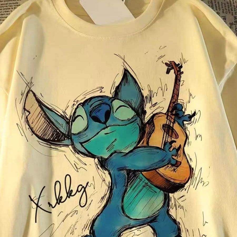 Short-Sleeved Stitch Cartoon Shirt 2025 Summer Printed Loose American Couple Tops Order Lamb Velvet