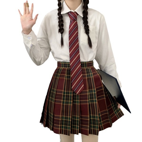 Original Burgundy Short Blazer with Hawthorn Tree Jk Plaid Skirt Set, Autumn and Winter College Style Japanese Uniform Suit