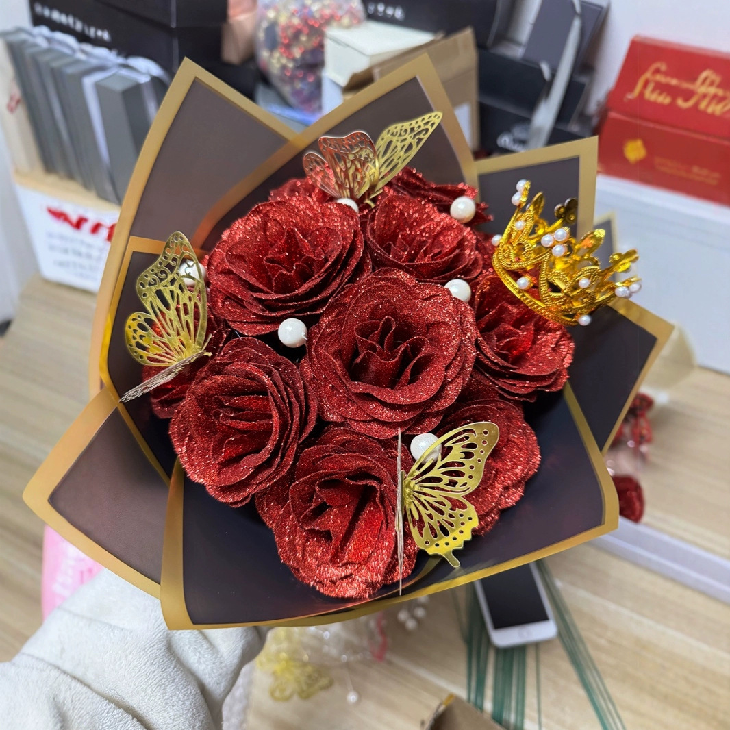 12 Glitter Rose Bouquet Pearl Greeting Card Valentine's Day Artificial Rose Bouquet DIY Wrapping Paper Butterfly Crown