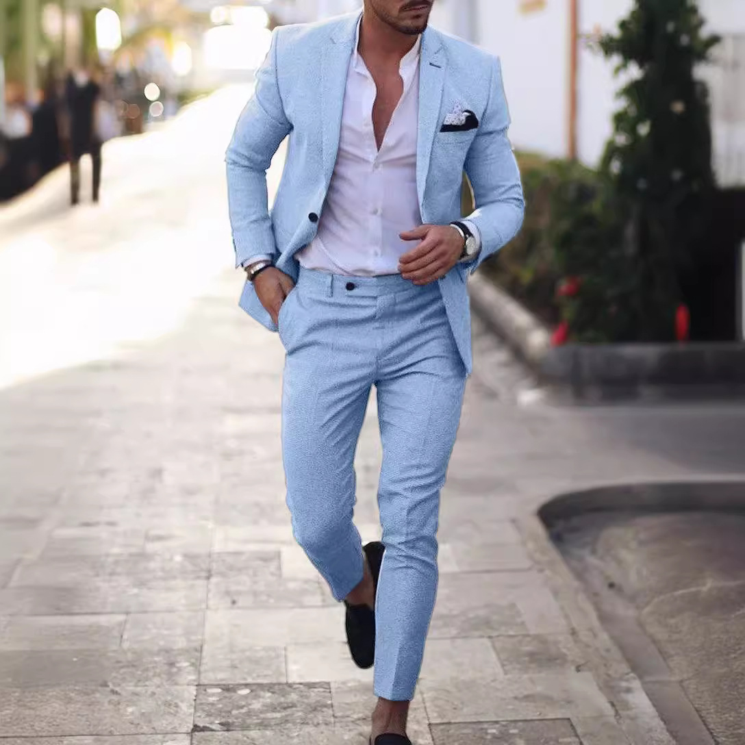 Foreign trade new men's suit two-piece one-button linen cotton and linen solid color cross-border suit men (full of goods)