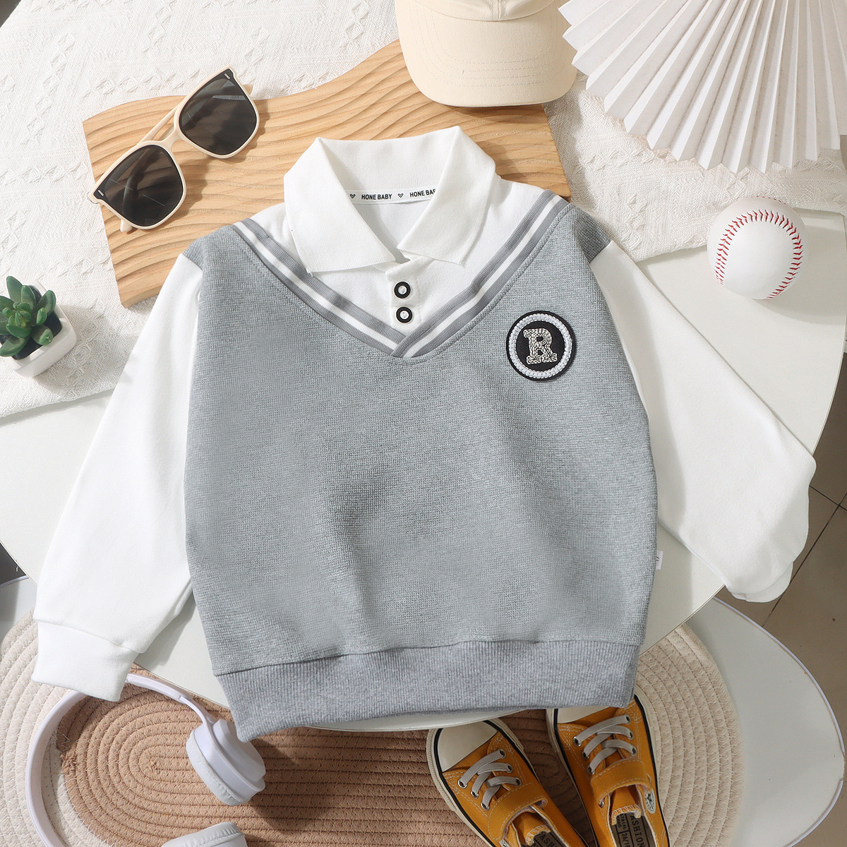 Boy's Lapel Polo Shirt Spring Sweater British Style Fake Two-Piece All-Match Fashionable College Style Top