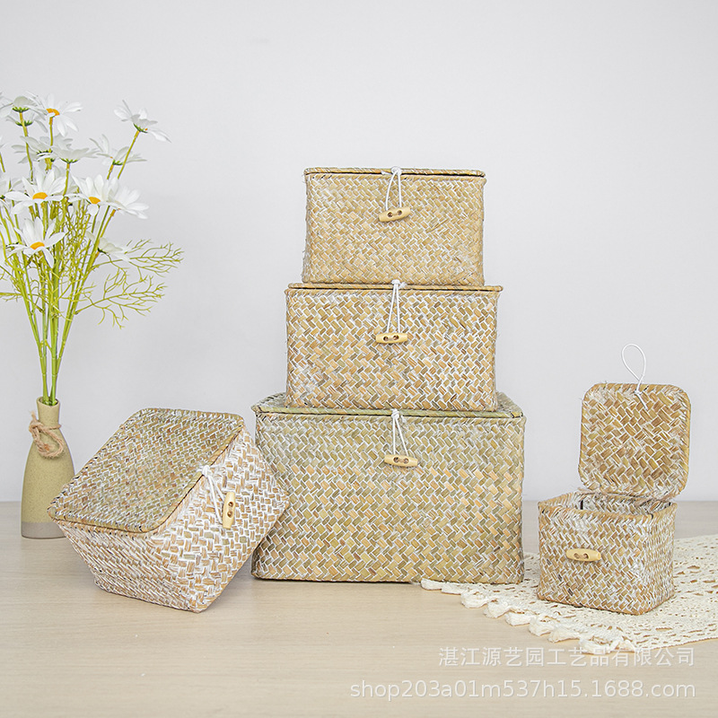 Seaweed Woven Storage Basket Handmade Accompanying Gift Home Decorations with Lid Square Desktop Sundry Snack Storage Box
