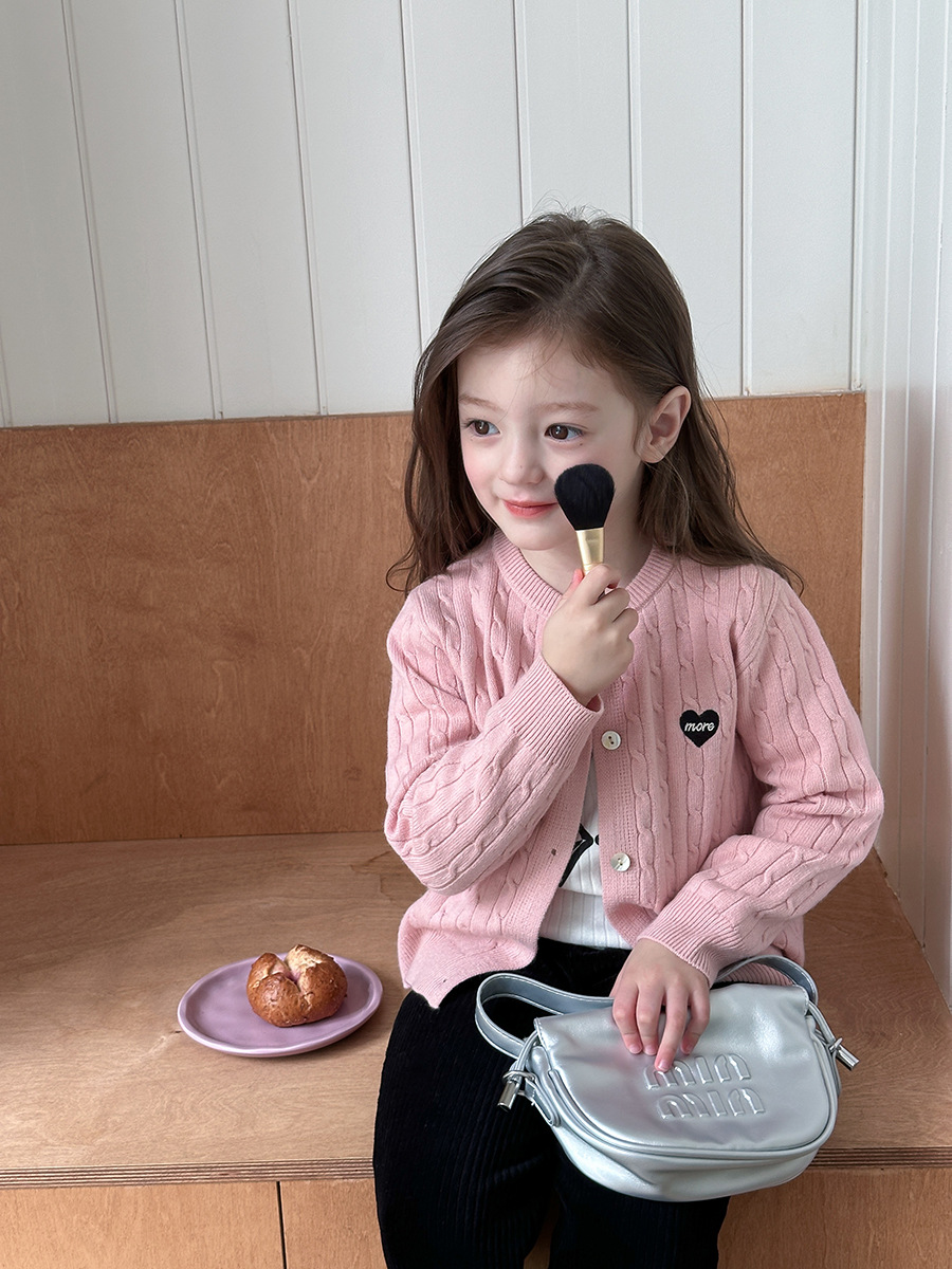 Aimobeibei Children's Clothing for Girls of All Sizes, Korean Style Warm Cable Knit Sweater, Heart Knit Cardigan Jacket