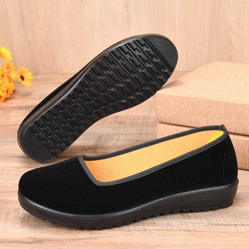 Old Beijing Cloth Shoes for Women, Black One-Strap Ceremonial Shoes, Hotel Work Flat Non-Slip Square Mouth Black Cloth Shoes, Dance Shoes