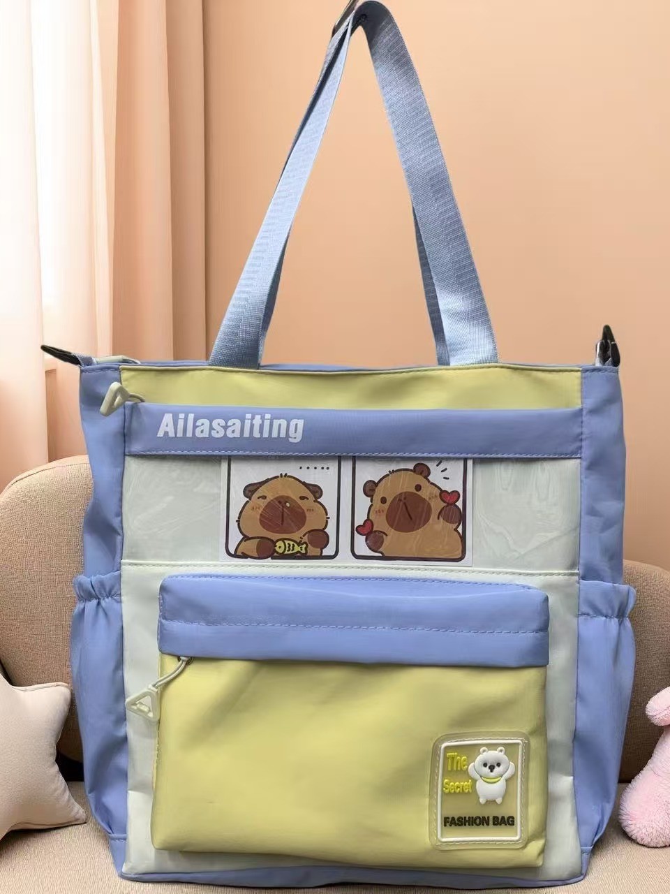 Large-Capacity Contrast Color Shoulder Bag for Primary and Secondary School Students, Interest Class Canvas Art Bag, Children's Waterproof Crossbody Bag