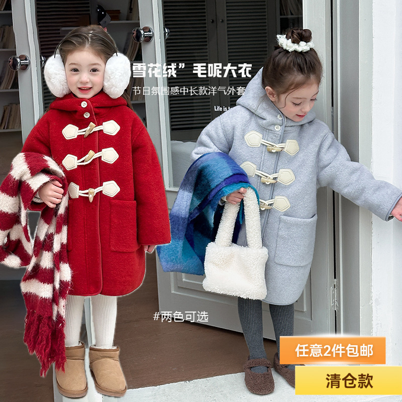 [Флис и Утепленный] Девочки Корейский Стиль Западный Стиль Новый Год Средней Длины Пуховик из Шерсти с Капюшоном