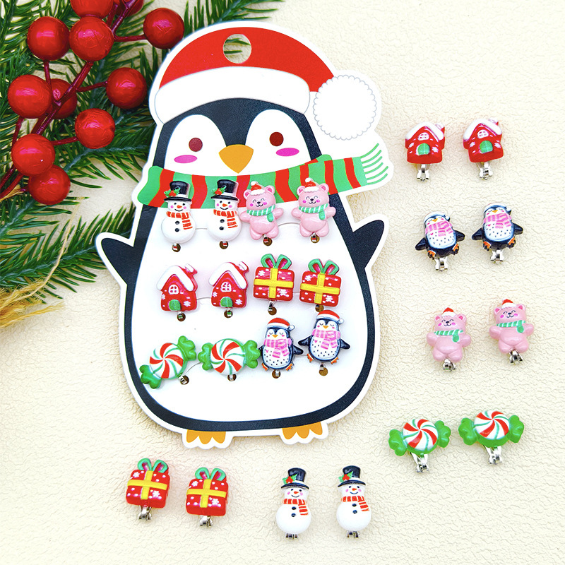 [Can] New Kidsren's Christmas Anti-Pain Ear Clip Cartoon Santa Claus Snowman Elk Pierced Earrings